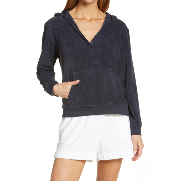 Barefoot Dreams Women Cozy Terry Crossover Sleep Hoodie Indigo Size S